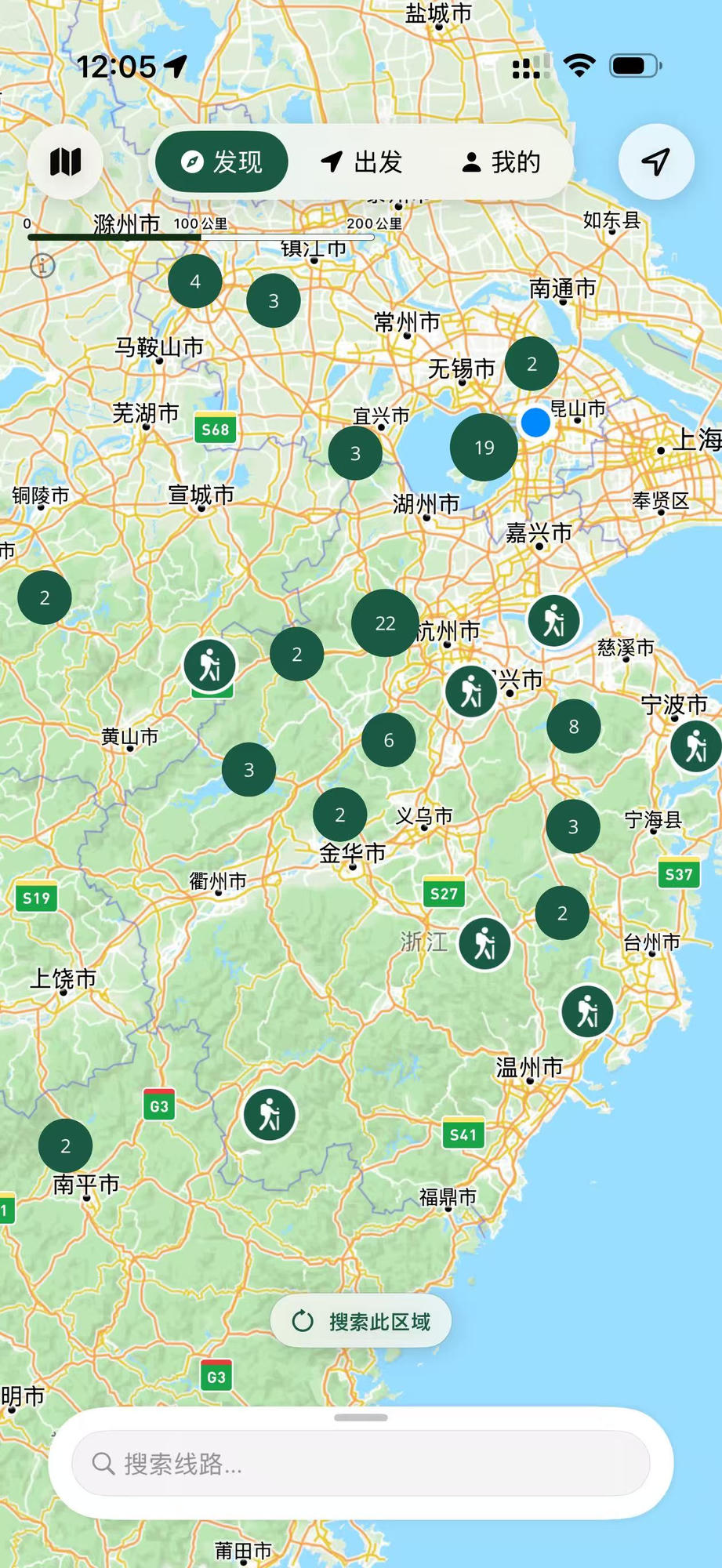 寻径发现页地图，展示附近山野线路分布